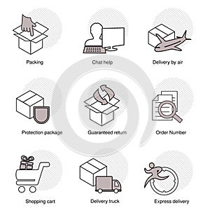 Simple set of delivery symbols. Line business icons. Packing, Chat help, Delivery by air, Protection package, Guaranteed return