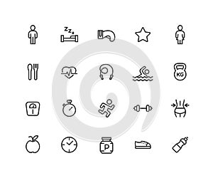 Simple Set of Fitness Vector Line Icons. Contains such Icons as boxing, running, gym, pool and more. Editable vector