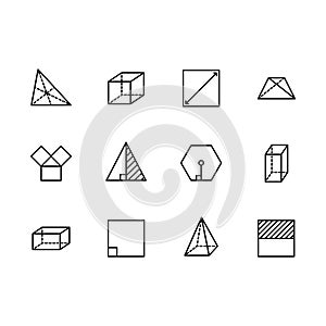 Simple set geometric figures vector line icon. Contains such square, cube, rectangle, hexagon, triangle, trapezium