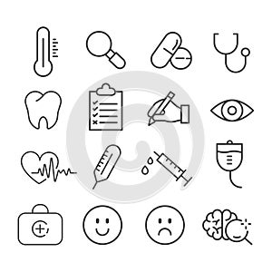 Simple set of hospital and medicine related icons isolated on white background
