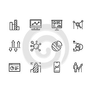 Simple set icons data analytics, strategy, business analysis and business planning, financial graphs and diagrams