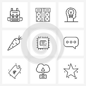 Simple Set of 9 Line Icons such as electro, vegetable, unbox, food, mind photo