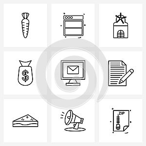 Simple Set of 9 Line Icons such as mail, screen, house, computer, currency