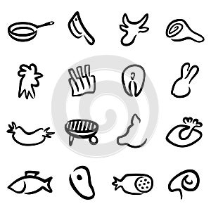 Simple set of linear butcher shop vector icons. Vector icons as meat, domestic meat animals, fish, cooking utensils, pan, knife