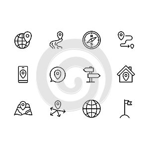 Simple set map pointer, navigation, globe, travel, location illustration line icon. Contains such icons arrows, map with