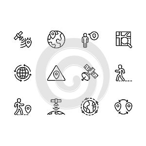 Simple set map pointer, navigation, globe, travel, location illustration line icon. Contains such icons map with pin