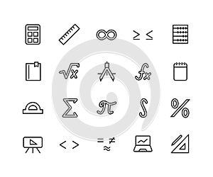 Simple Set of math Related Vector Line Icons. Contains such Icons as ruler, function, percentage, number of pi and more