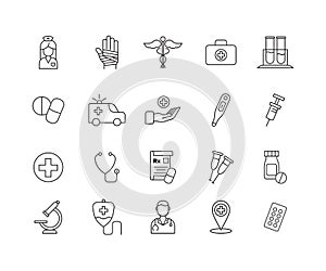 Simple Set of Medicine Related Vector Line Icons. Contains such Icons as healthcare symbol, pills, doctor and more