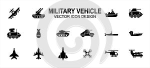 Simple Set of military armed vehicle Vector icon user interface graphic design. Contains such Icons as fighter jet, rocket