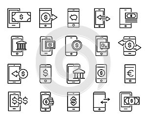 Simple set of mobile money related outline icons.