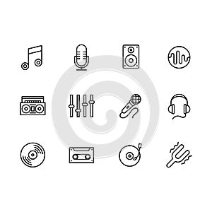 Simple set modern and retro music equipment vector line icon. Contains such icons notes, microphone, music speaker, tape