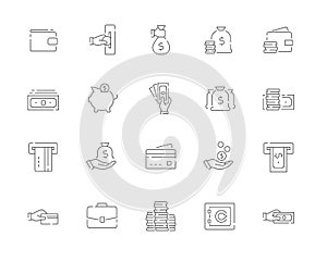 Simple set of Money vector line web icons such as Cash, Wallet, ATM, Hand holding card and more