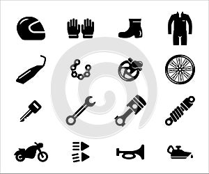 Simple Set of motorcycle workshop Related Vector icon user interface graphic design. Contains such Icons as helmet, glove, shoe,
