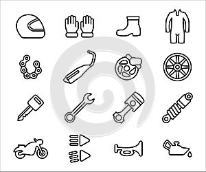 Simple Set of motorcycle workshop Related Vector icon user interface graphic design. Contains such Icons as helmet, glove, shoe,