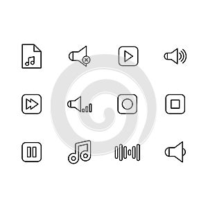 Simple set music buttons for play audio and sound illustration line icon. Contains such icons music play, stop, pause