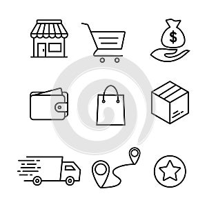 Simple set of online shop market vector icon. Contains such Icons as money, fund, order, wallet, purse, bag, collect, box, deliver