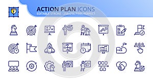 Simple set of outline icons about action plan