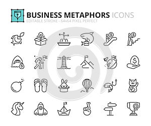 Simple set of outline icons about business and finances metaphors and idioms