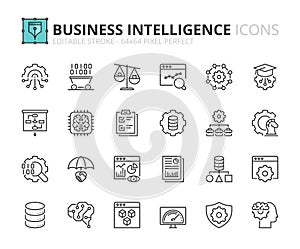 Simple set of outline icons about business intelligence