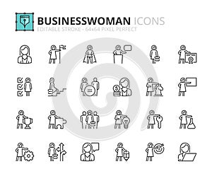 Simple set of outline icons about businesswoman