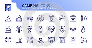 Simple set of outline icons about camping services