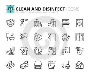Simple set of outline icons about  clean and disinfect photo