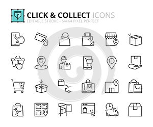 Simple set of outline icons about click and collect. Shopping online concepts