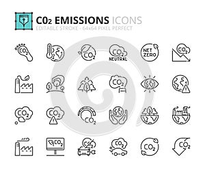 Simple set of outline icons about co2 emissions