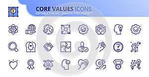 Simple set of outline icons about core values. Business concepts