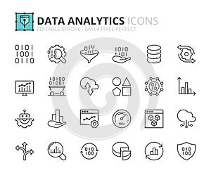 Simple set of outline icons about data analytics. Technology concept