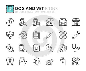 Simple set of outline icons about dogs and vet. Pets
