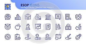 Simple set of outline icons about ESOP employee stock ownership plan