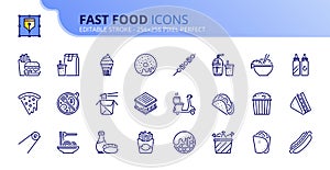 Simple set of outline icons about fast food