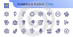 Simple set of outline icons about flowers and plants