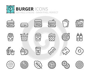 Simple set of outline icons about Food and Drink. Burger