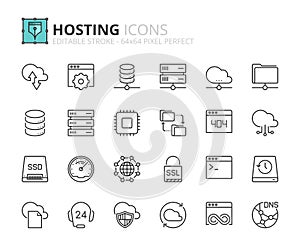 Simple set of outline icons about hosting and cloud computing networks concepts