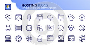 Simple set of outline icons about hosting and cloud computing networks concepts