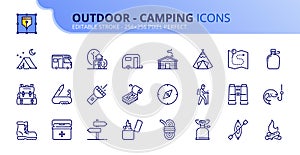 Simple set of outline icons about outdoor - camping