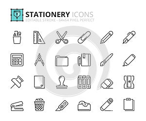 Simple set of outline icons about stationery