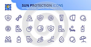 Simple set of outline icons about sun protection