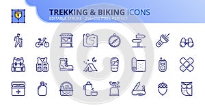 Simple set of outline icons about trekking and biking