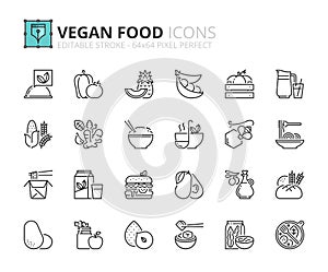 Simple set of outline icons about vegan food. Fruits, vegetables, beans, nuts, grains and soy