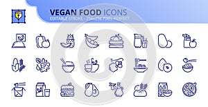 Simple set of outline icons about vegan food. Fruits, vegetables, beans, nuts, grains and soy