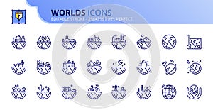 Simple set of outline icons about worlds and landscapes