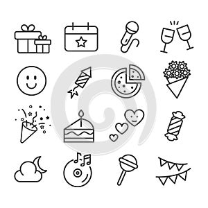 Simple set of party such as birthday, celebration minimal icon isolated. Modern outline on white background