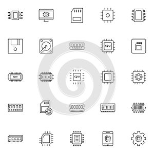 RAM, memory, CPU line icons set