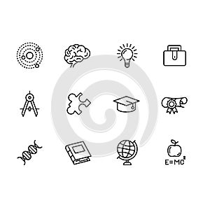 Simple set science, education and research illustration line icon. Contains such icon brain, light bulb, idea, physical