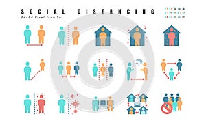 Simple Set of Social Distancing, Coronavirus Disease 2019 Covid-19 Flat Icons such Icons as Stay Home, Quarantine, Work from Home