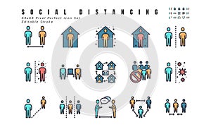 Simple Set of Social Distancing, Coronavirus Disease 2019 Covid-19 Filled Line Icons such Icons as Stay Home, Quarantine, Work