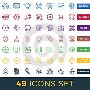 Simple Set of Start Up, Business, Audio, Music, Video, Cinema, Christmas, Game Related Vector Line Icons.